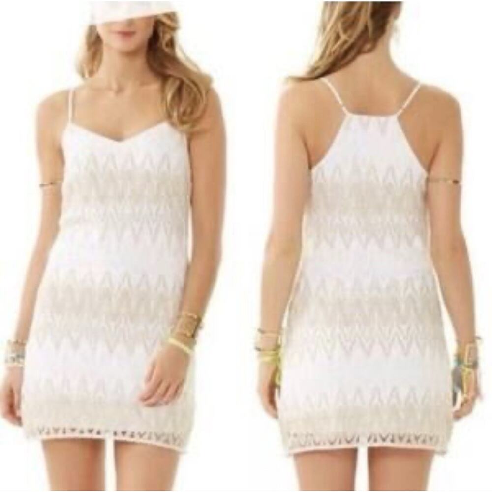 Nwt Lilly Pulitzer Lacie Dress XS Gold and‎ White Chevron Pattern